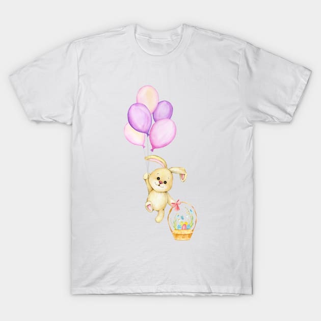 Cute bunny holding balloons and Easter egg basket floats up to the sky. T-Shirt by Be my good time